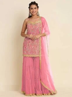 Pink Thread Embroidered Sharara Salwar Suit