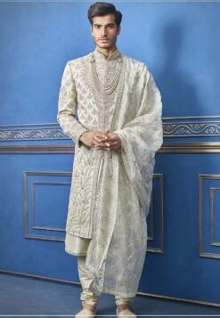 Cream Colour Silk Designer Sherwani.