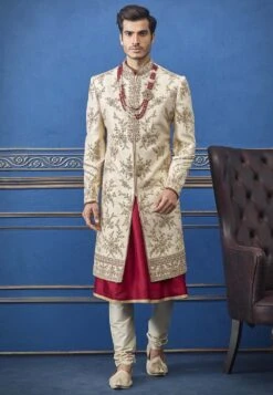 Cream Colour Silk Fabric Men's Sherwani.