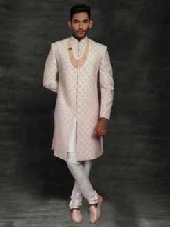 Designer Sherwani Pink,Cream Colour In Silk Fabric.