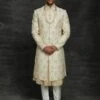 Designer Groom Sherwani Cream Colour In Silk Fabric. -Riwaayat Store 1022465
