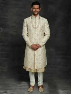 Designer Groom Sherwani Cream Colour In Silk Fabric.