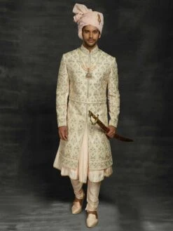 Cream,Golden Colour Silk Fabric Indian Wedding Sherwani.