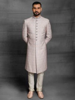 Grey,Peach Colour Silk Fabric Mens Sherwani In Thread,Hand Work.