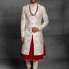 Off White,Maroon Colour Silk Designer Sherwani. -Riwaayat Store 1022545