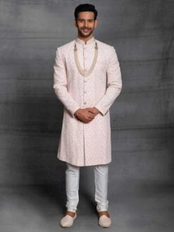 Pink Colour Silk Fabric Wedding Sherwani.