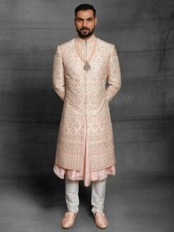 Silk Fabric Mens Sherwani Cream,Peach Colour In Thread,Hand Work.