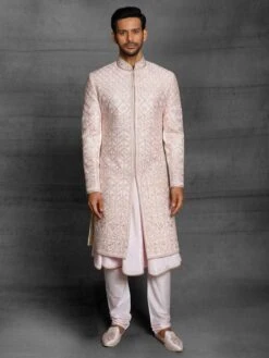Light Pink Colour Silk Fabric Sherwani In Thread,Hand Work.
