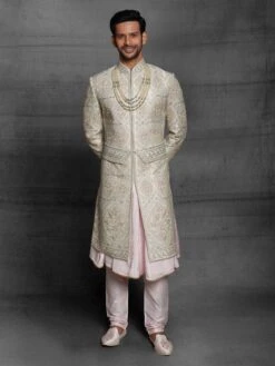 Cream,Pink Colour Silk Fabric Mens Sherwani In Thread,Hand Work.