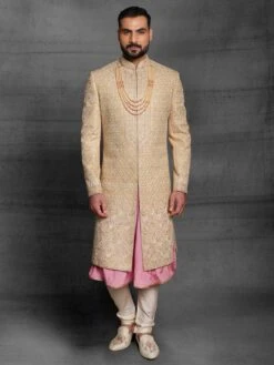 Golden,Pink Colour Silk Fabric Indian Groom Sherwani In Thread,Hand Work.