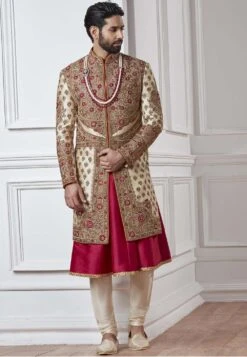 Cream,Golden Color Designer Sherwani.