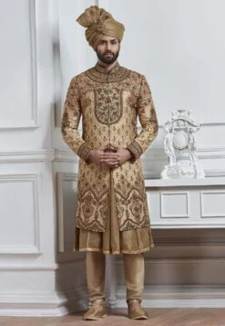 Golden Color Wedding Sherwani.