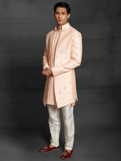 Simple And Elegant Peach Colour Imported Fabric Mens Indowestern.
