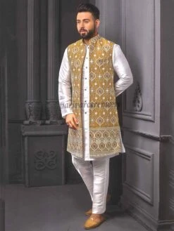 White,Golden Colour Imported Fabric Mens Kurta Pajama Jacket.