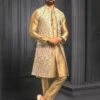 Imported Fabric Mens Kurta Pajama Jacket Cream,Golden Colour. -Riwaayat Store 1032817