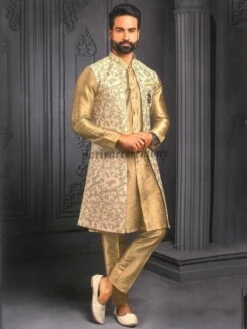 Imported Fabric Mens Kurta Pajama Jacket Cream,Golden Colour.