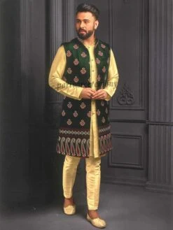 Stylish Kurta Pajama Jacket Green,Golden Colour In Imported Fabric.