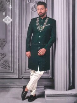 Green Colour Cotton,Lucknowi Fabric Mens Indowestern.