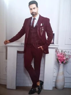 Auspicious Look Wine Colour Imported Fabric Mens Party Wear Suit.