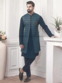 Blue Colour Party Wear Kurta Pajama Jacket In Imported Fabric.
