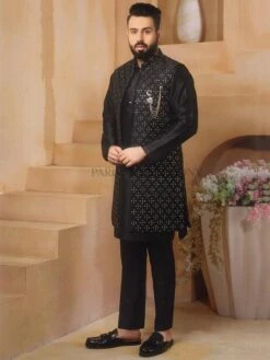 Black Colour Party Wear Kurta Pajama Jacket.
