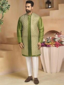 Green Colour Imported Fabric Mens Designer Kurta Pajama Jacket.