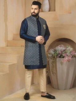 Blue Colour Designer Kurta Pajama Jacket In Imported Fabric.