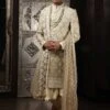 Grey Embroidered Silk Sherwani With Stole -Riwaayat Store 13895