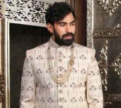 Off White Embroidered Sherwani In Silk -Riwaayat Store 14434 1
