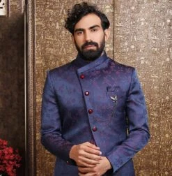 Blue Asymmetric Jacquard Indo Western For Men -Riwaayat Store 15008 1