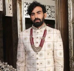 Off White Mens Embroidered Sherwani In Silk -Riwaayat Store 15064 1