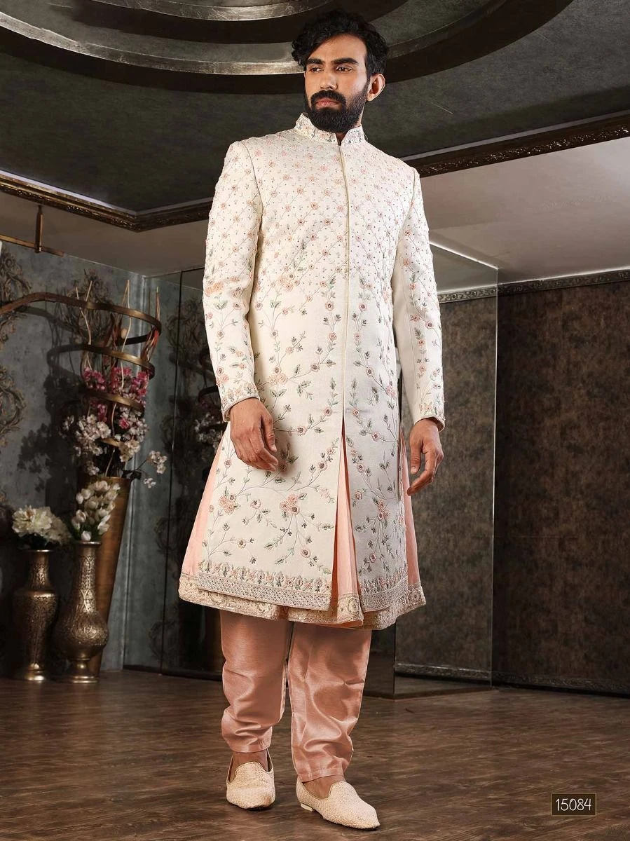 White Embroidered Silk Sherwani Set 3 White Embroidered Silk Sherwani Set