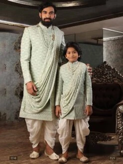 Green Thread Embroidered Sherwani With Dhoti