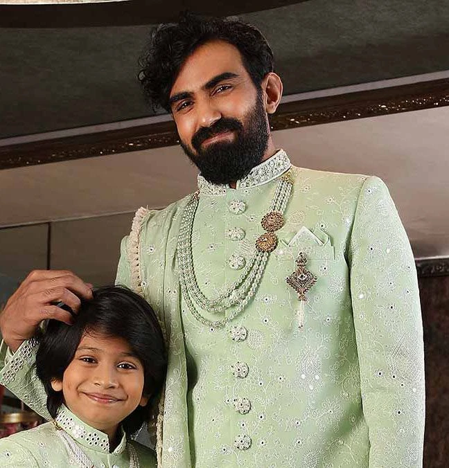 Green Mirror Work Mens Sherwani With Dhoti Set 4 Green Mirror Work Mens Sherwani With Dhoti Set - Image 2