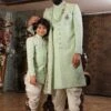 Green Mirror Work Mens Sherwani With Dhoti Set -Riwaayat Store 15193