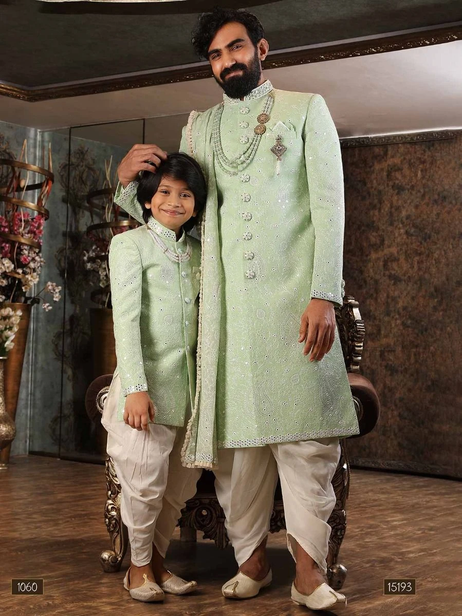 Green Mirror Work Mens Sherwani With Dhoti Set 3 Green Mirror Work Mens Sherwani With Dhoti Set