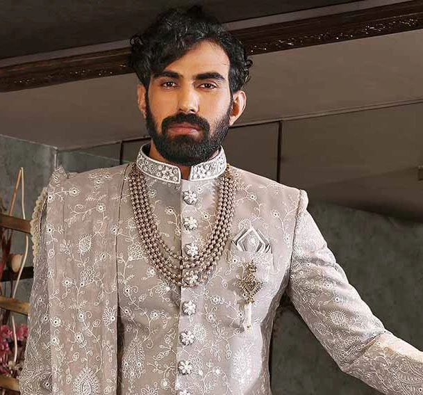 Grey Mirror Work Sherwani With Dhoti Set 4 Grey Mirror Work Sherwani With Dhoti Set - Image 2