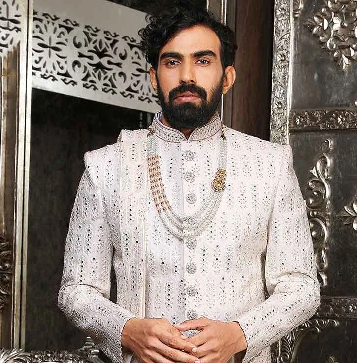 White Groom Mirror Work Sherwani In Silk 4 White Groom Mirror Work Sherwani In Silk - Image 2