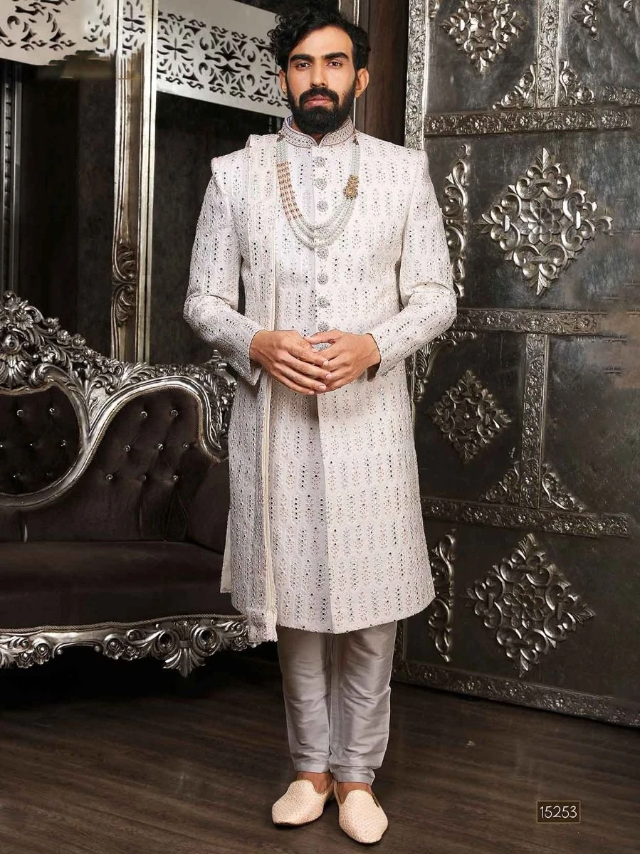 White Groom Mirror Work Sherwani In Silk 3 White Groom Mirror Work Sherwani In Silk