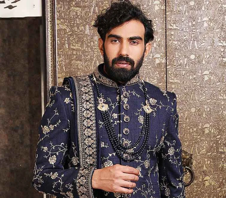 Blue Embroidered Silk Sherwani Set With Embroidery 4 Blue Embroidered Silk Sherwani Set With Embroidery - Image 2