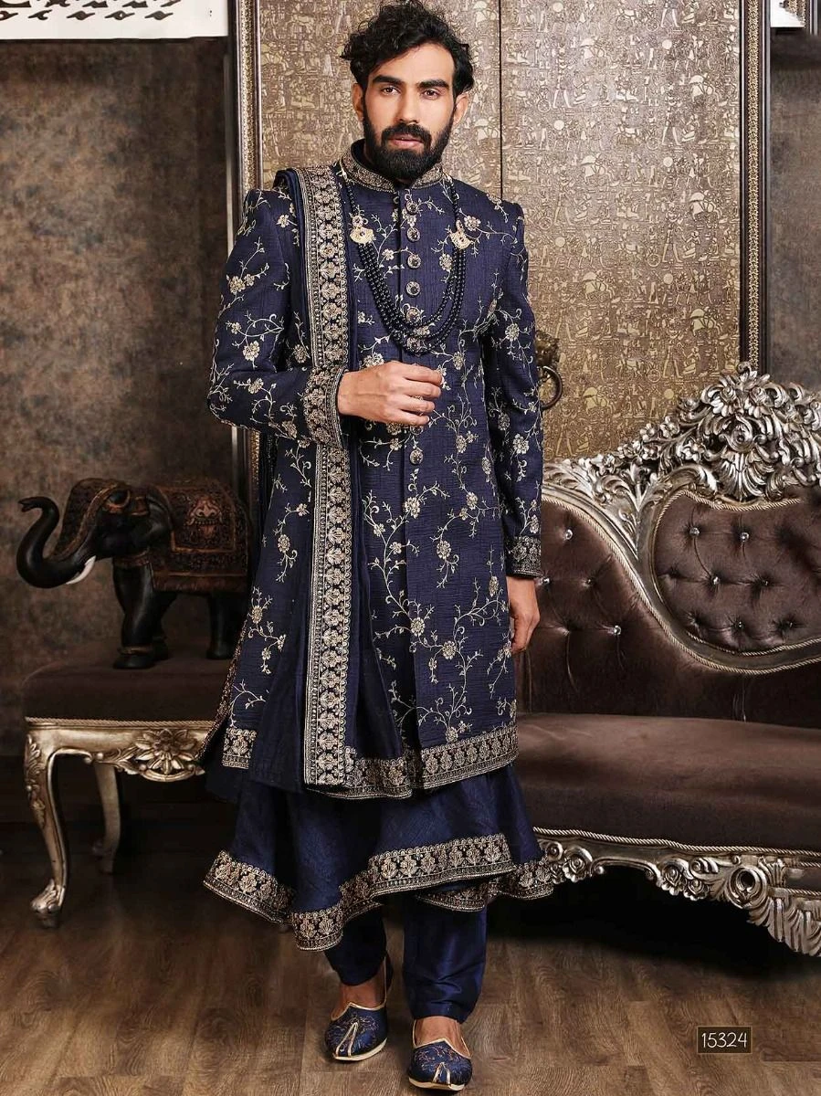 Blue Embroidered Silk Sherwani Set With Embroidery 3 Blue Embroidered Silk Sherwani Set With Embroidery