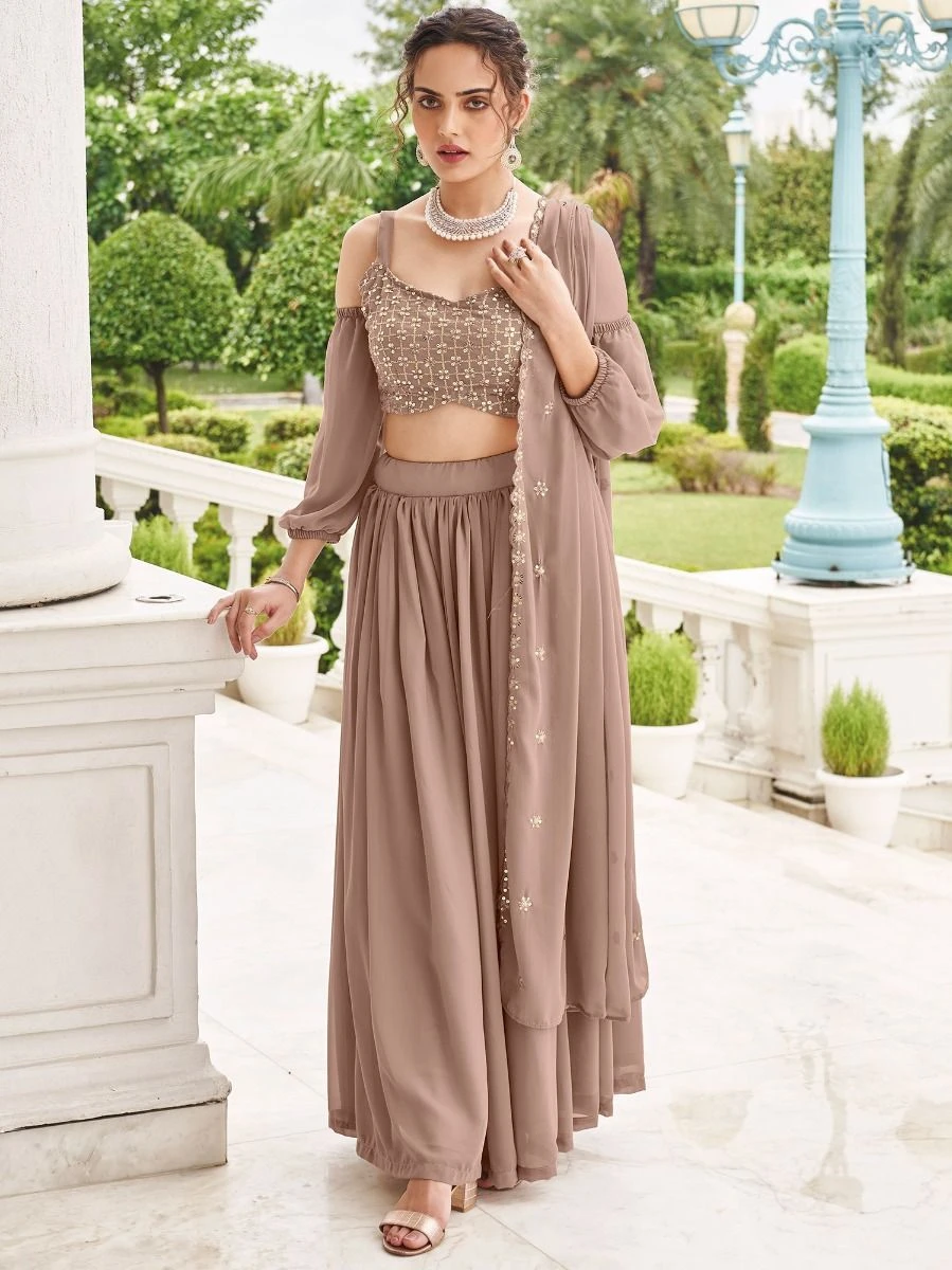Brown Sequined Lehenga Choli With Cape Style Sleeves 3 Brown Sequined Lehenga Choli With Cape Style Sleeves