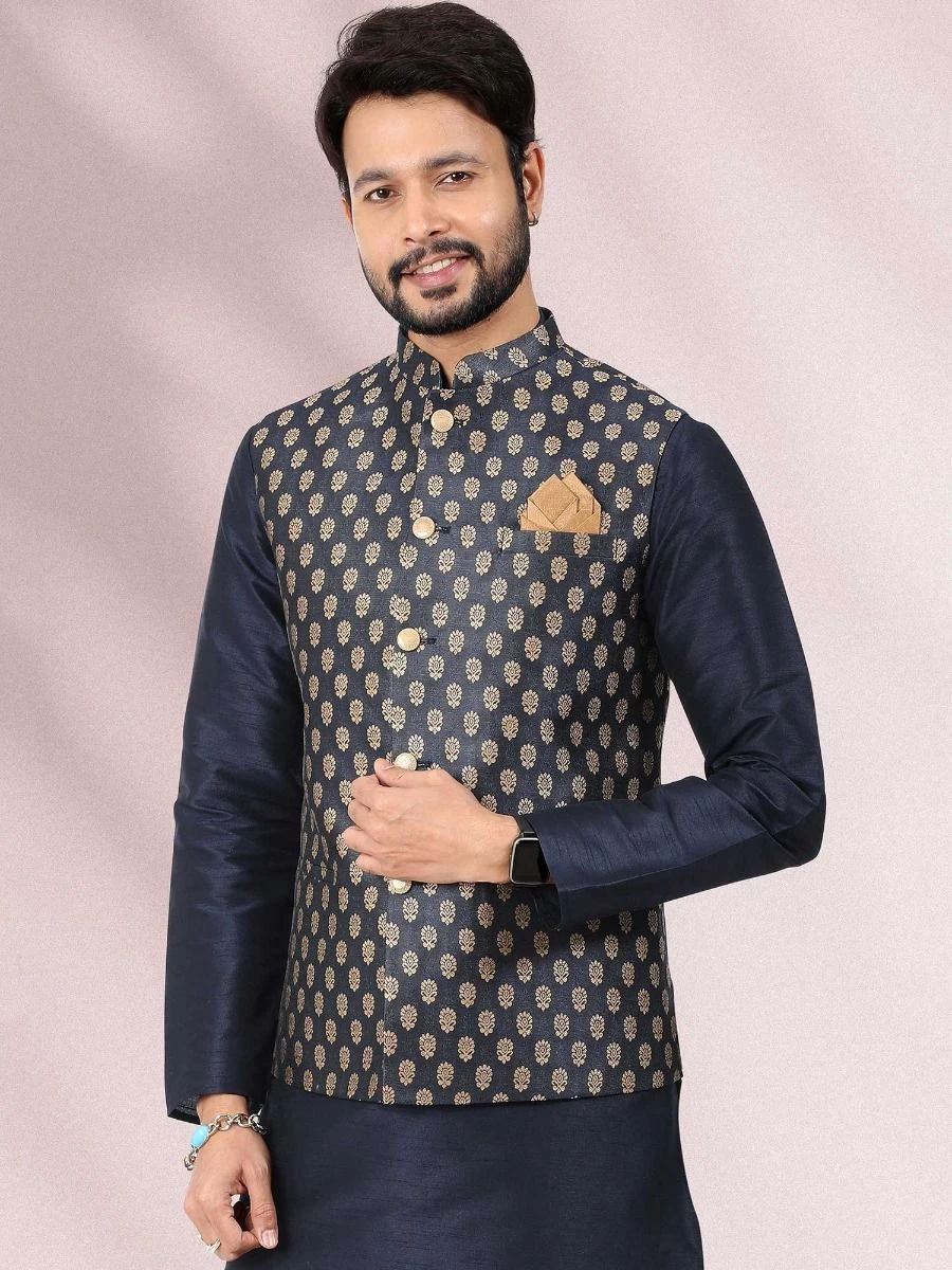 Readymade Blue Kurta Pajama With Nehru Jacket 4 Readymade Blue Kurta Pajama With Nehru Jacket - Image 2