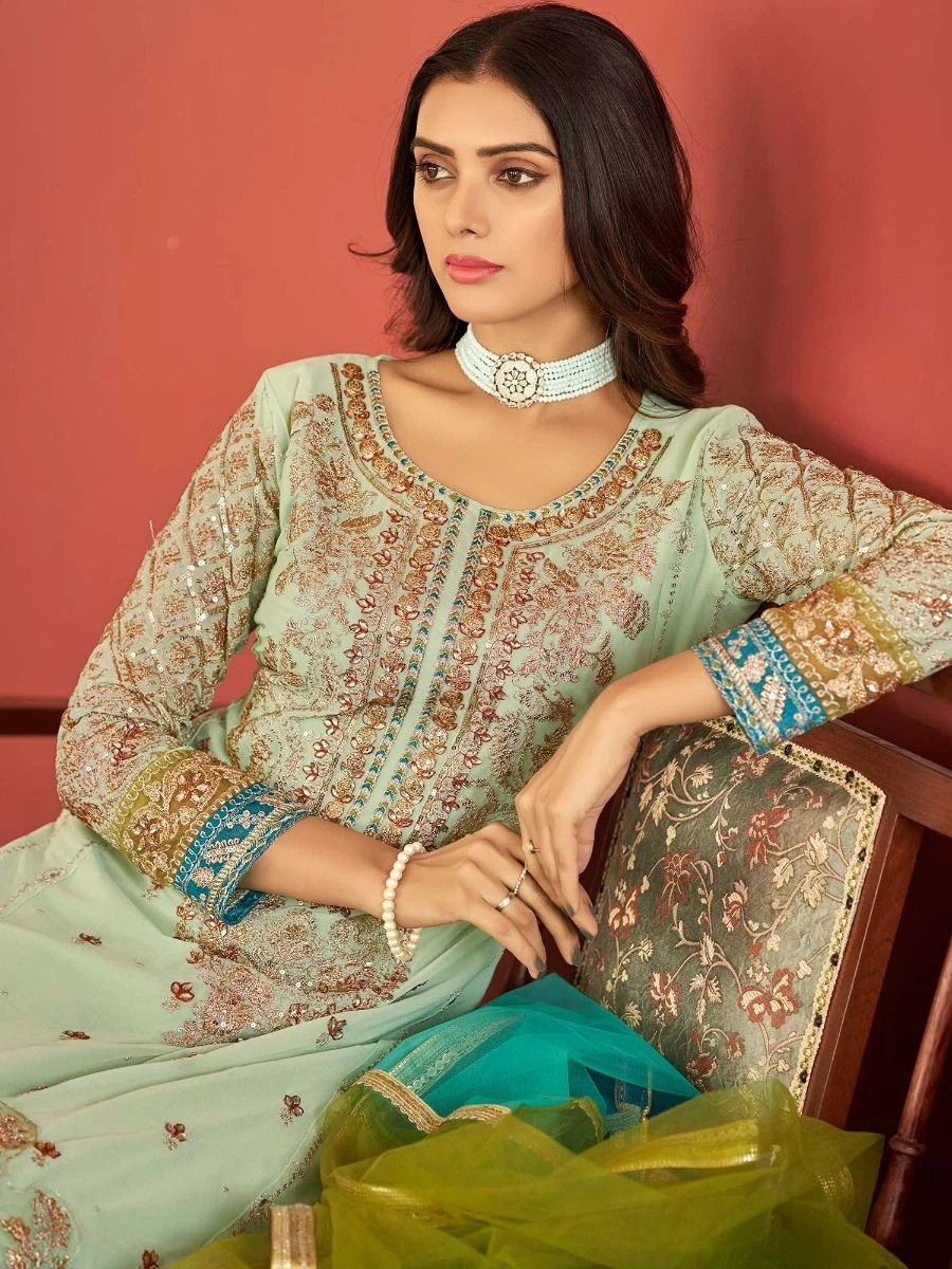 Green Zari Embroidered Pant Suit In Georgette 4 Green Zari Embroidered Pant Suit In Georgette - Image 2