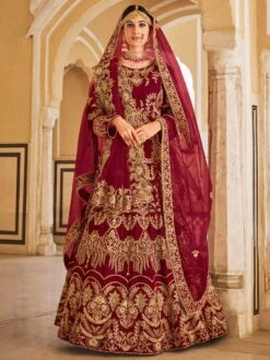 Maroon Bridal Velvet Lehenga Choli In Heavy Embroidery