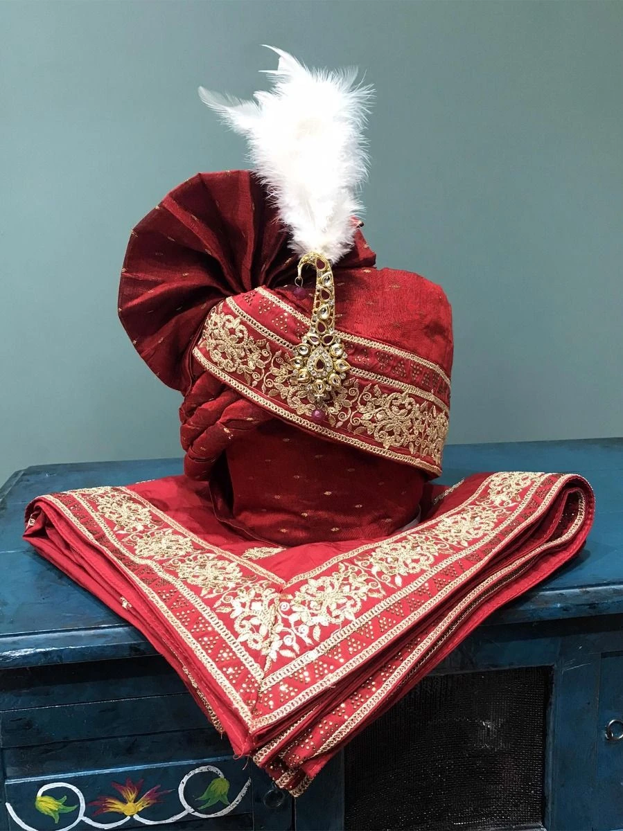 Maroon Embroidered Wedding Safa Set In Silk 3 Maroon Embroidered Wedding Safa Set In Silk