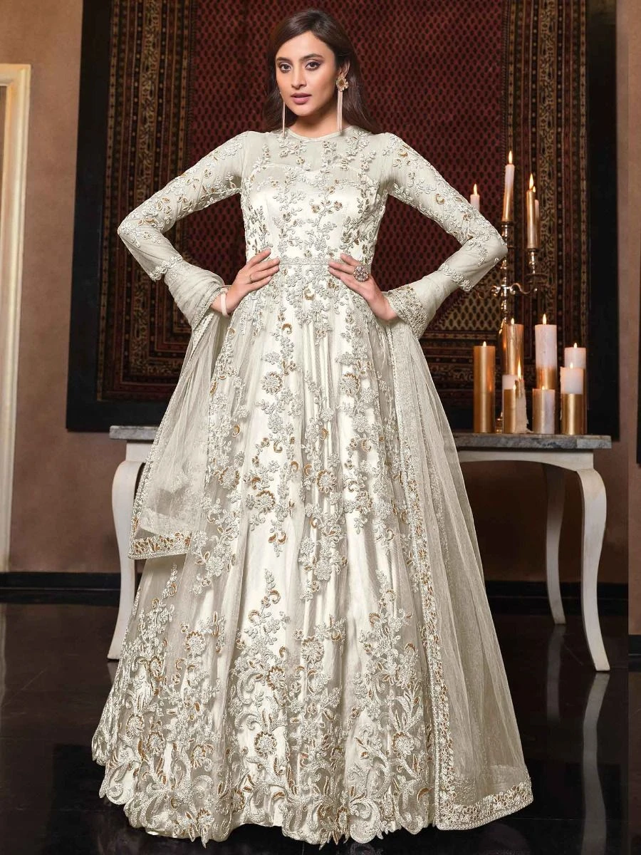 White Embroidered Anarkali Suit In Net 3 White Embroidered Anarkali Suit In Net