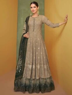 Beige Embroidered Salwar Kameez With Printed Dupatta