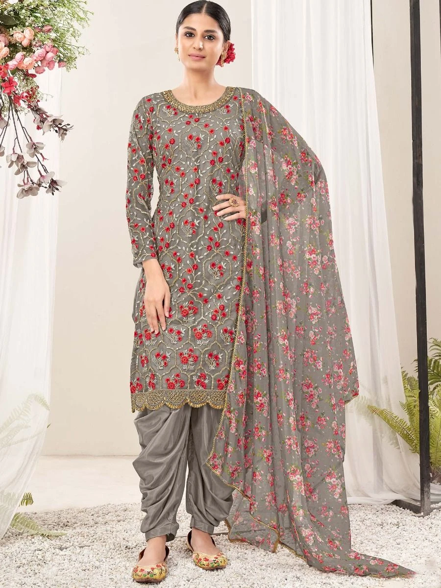 Grey Embroidered Punjabi Suit With Dupatta 3 Grey Embroidered Punjabi Suit With Dupatta