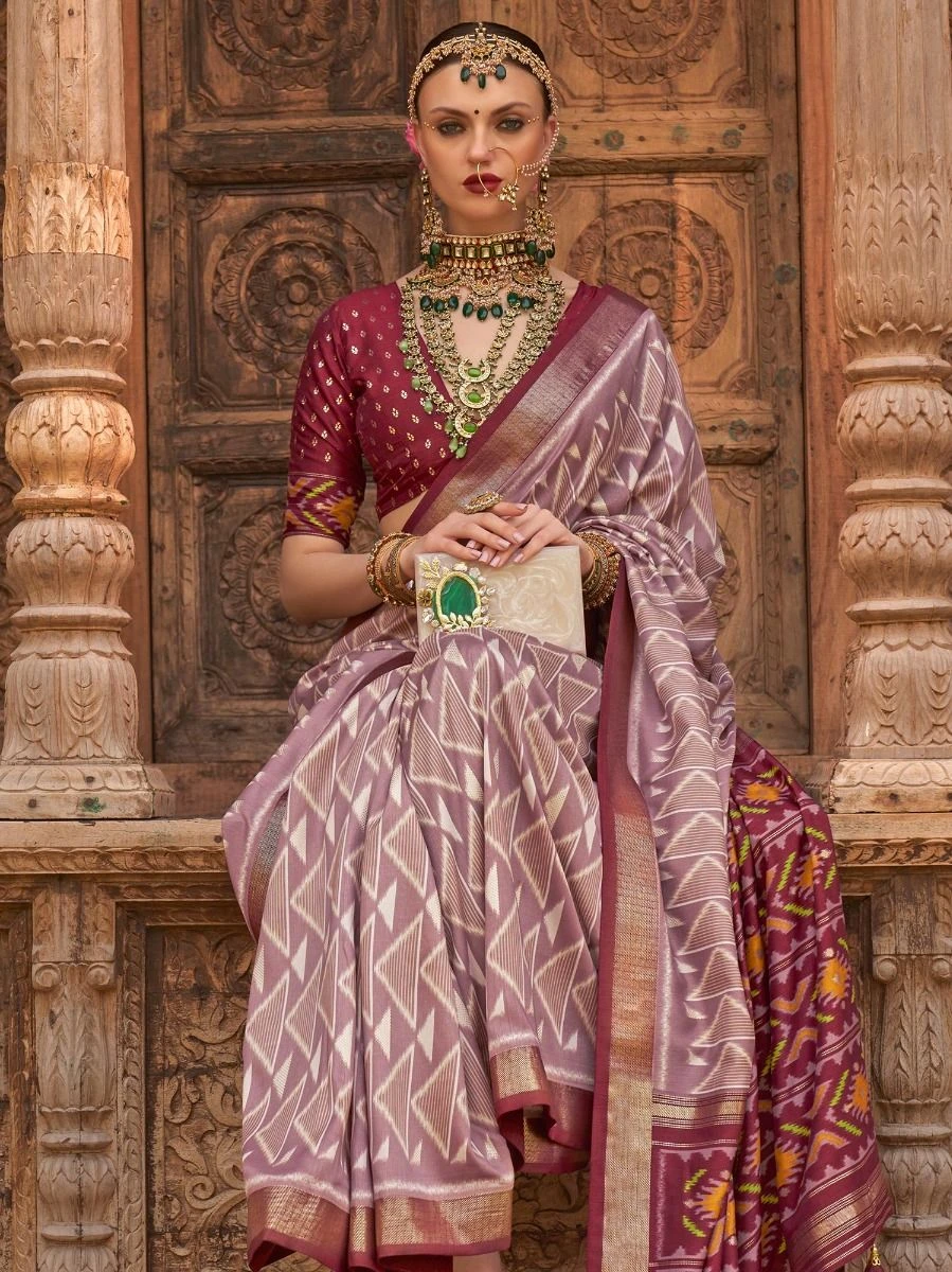 Brown Printed Patola Silk Saree With Blouse 4 Brown Printed Patola Silk Saree With Blouse - Image 2